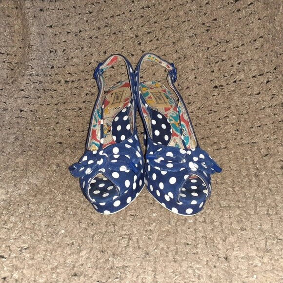 MISS L-FIRE-Suede-Navy/White Polka Dot Retro Style Slingback-Sz 8-Excellent - Picture 3 of 8